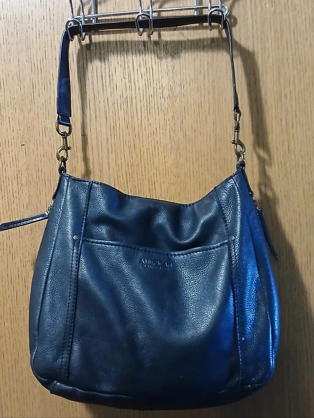 American Leather Co Black Leather Shoulder Bag Hobo Purse Slouchy Brass Accents